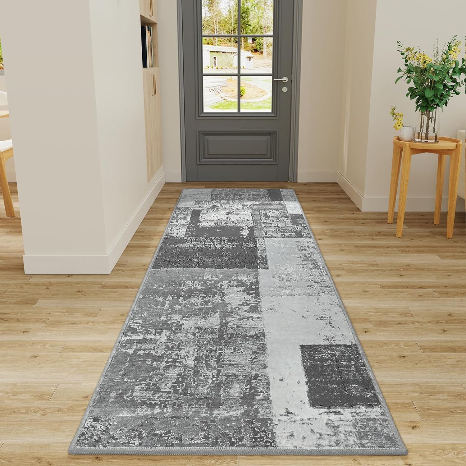 LOCHAS Washable Runner Rugs for Hallway, 2×6 Non Sip Soft Rug for Bedroom Entryway Kitchen Laundry Room, Long Abstract Carpet for Indoor Floor Bedside, Grey Geometric Vintage Decor, Pet & kid Friendly