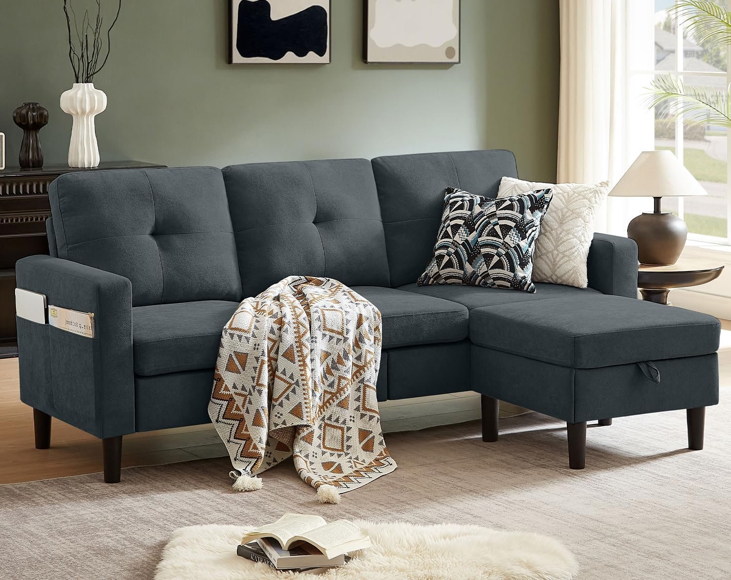 Sectional Sofa Couches for Living Room, Modular 3 Seats Sectional Sofas L Shaped Couch with Storage and Reversible Chaise, Linen Fabric, 79″ (Dark Grey)