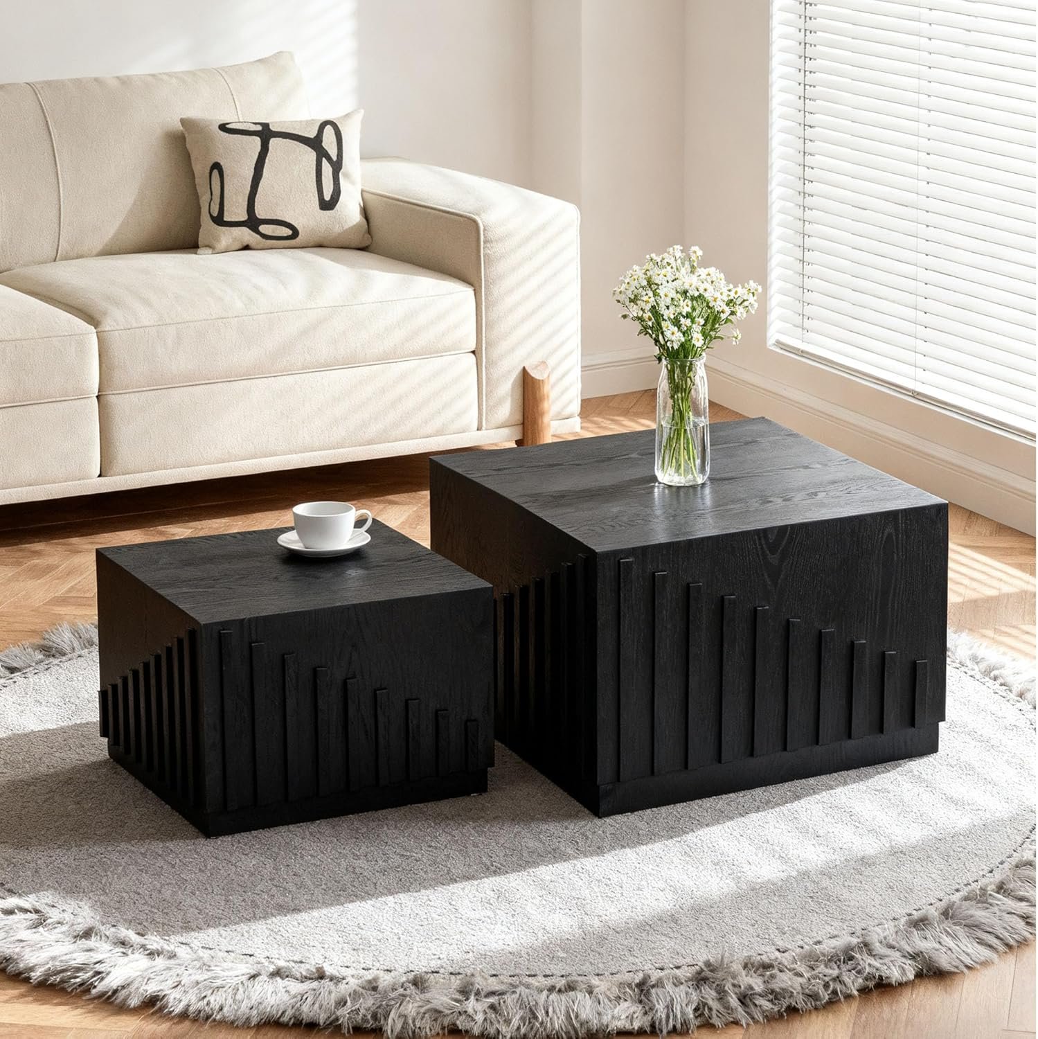 Black Nesting Tables for Living Room, Set of 2, Square Nesting Coffee Table Farmhouse Wooden Fluted Coffee Table, Modern Small Center Table End Side Table for Small Spaces Bedroom Balcony Office