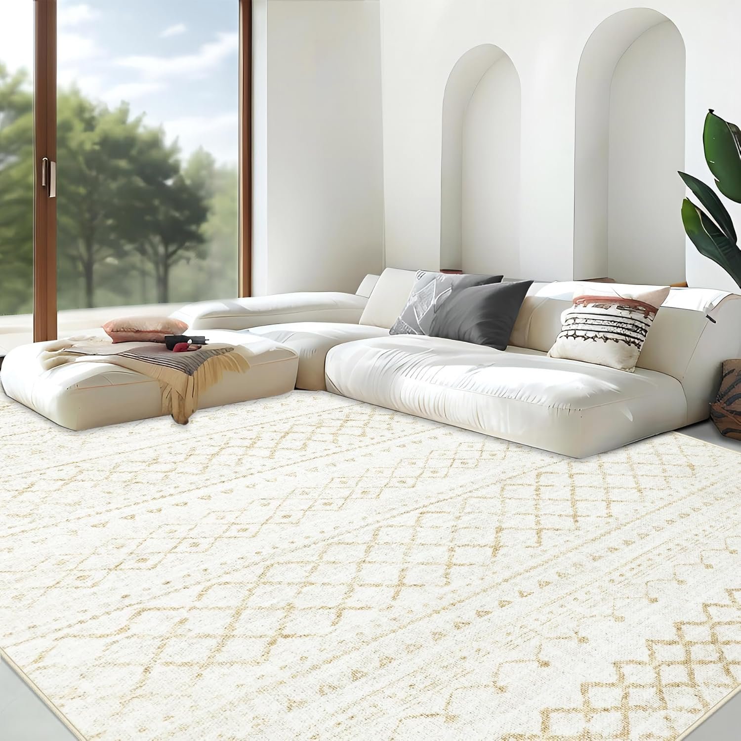 Area Rug Living Room Rugs 8×10 – Large Soft Boho Geometric Rug, Non-Slip Foldable Washable Rugs Non Shedding Morden Indoor Floor Carpet for Living Bedroom Office Dining Room (Beige,8′ x 10′)