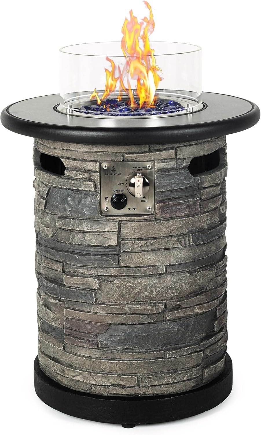 Outdoor Propane Fire Pit Table, Round Porcelain Tile Top 22″ Fire Bowl Column W/ 40,000 BTU Firepit Table Auto-Ignition 400D Cover Glass Rocks for Outside Patio
