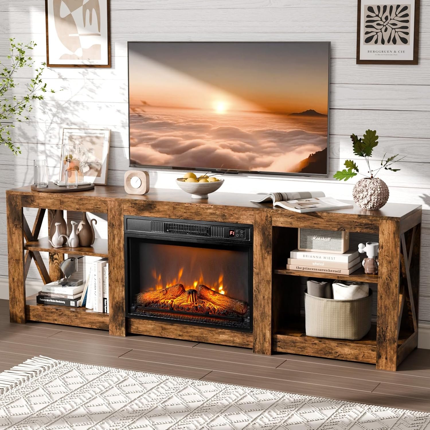 VINGLI Fireplace TV Stand for up to 80 inch TVs, Farmhouse Entertainment Center with Electric Fireplace Heater & Adjustable Shelves, Fireplace Media Console Table for Living Room, Rustic Brown