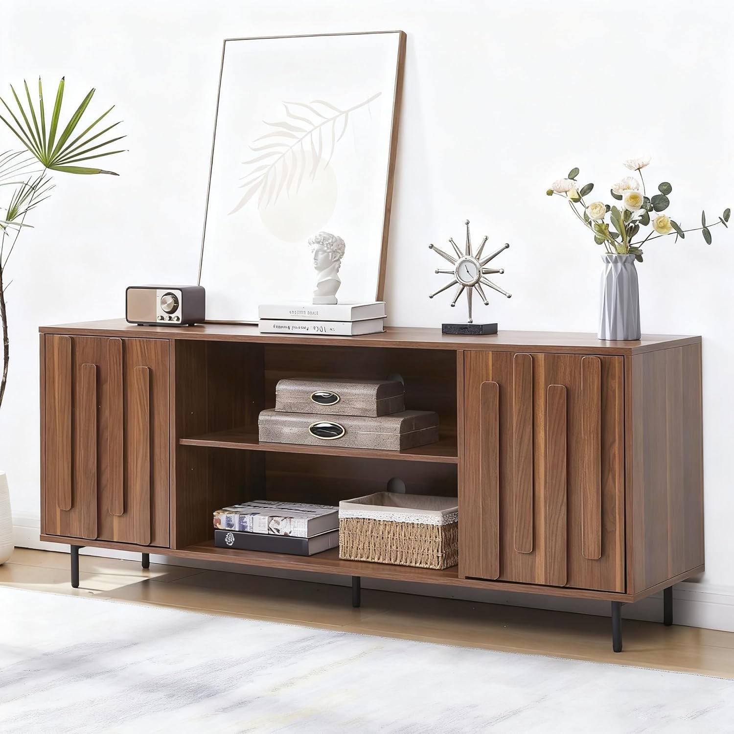 TV Stand for for Living Room, Mid-Century Modern TV Stands for 65″ 60″ 55″ TVs, Fluted Entertainment Center with Storage Cabinet & Open Shelf, Wood TV Media Console Table, Walnut