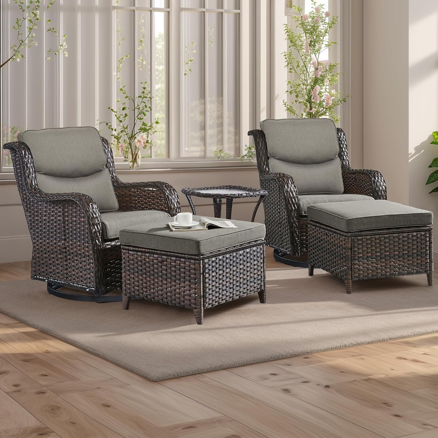 Rilyson Wicker Patio Furniture Set – 5 Piece Rattan Outdoor Sectional Conversation Sets with 2 Swivel Rocking Chairs,2 Ottomans and 1 Side Table for Porch Deck Garden(Brown/Grey/Smile)