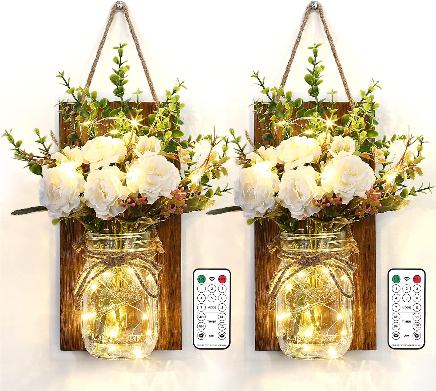 Lightess Wall Decor Mason Jar Sconces with Remote Control, Rustic Home Decor LED Fairy Lights with White Rose, Farmhouse Wall Decorations Lights Set of Two for Dining Room Living Room
