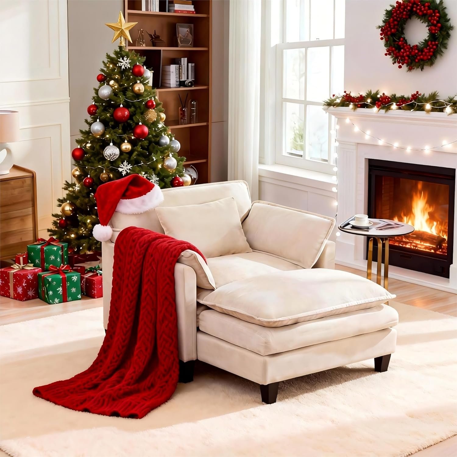 Oversized Accent Chair with Ottoman Double-Layer Seat Cushion for Spacious Living Room, Modern Accent Chair with Removable Ottoman for Bedroom, Soft Durable Fabric Sturdy Backrest Home Office,Beige