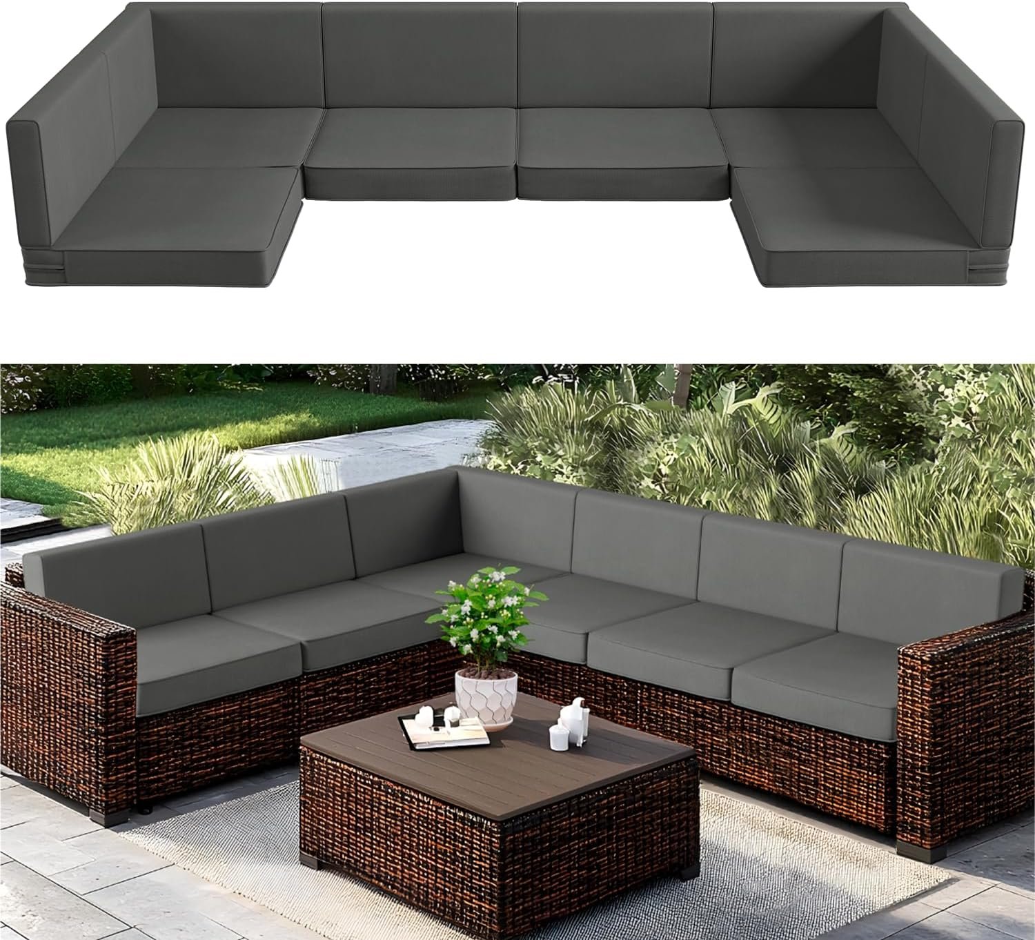 Codi 14-Piece Outdoor Cushions for Patio Furniture, 6 Seat (25.6” x 25.6”) Waterproof Replacement Cushion Set – High-Density Foam, UV Resistant, Fits Wicker & Rattan Sectional Sofas (Grey)