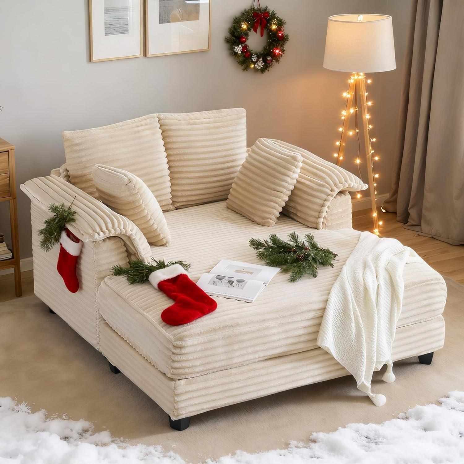 VINGLI 56″ Oversized Chaise Lounge Chair, Beige Comfy Corduroy Chaise Sofa Recliner Bed Upholstered Sleeper Couch Bed with Throw Pillows and Armrests for Living Room, Movie Room, Bedroom