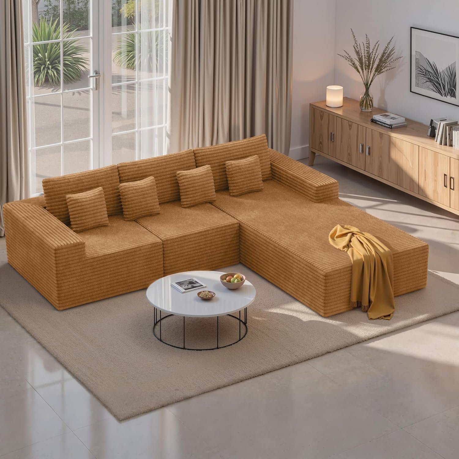 111‘’ Modular Sectional Cloud Couches with L Shaped Chaise, Upholstered Deep Seat Boneless Sofa for Living Room, Bedroom, No Assembly Required-Camel 1PCS(Corduroy Fabric)