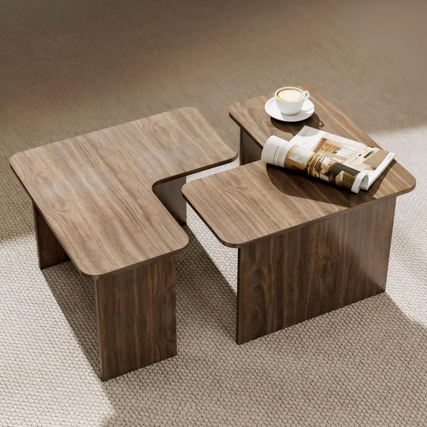 Modern Nesting Coffee Table Set of 2, Walnut Wooden L-Shape Square Coffee Table, Small Center Table End Table Sets with Rustic Wood Grain for Living Room Bedroom Office Cafe