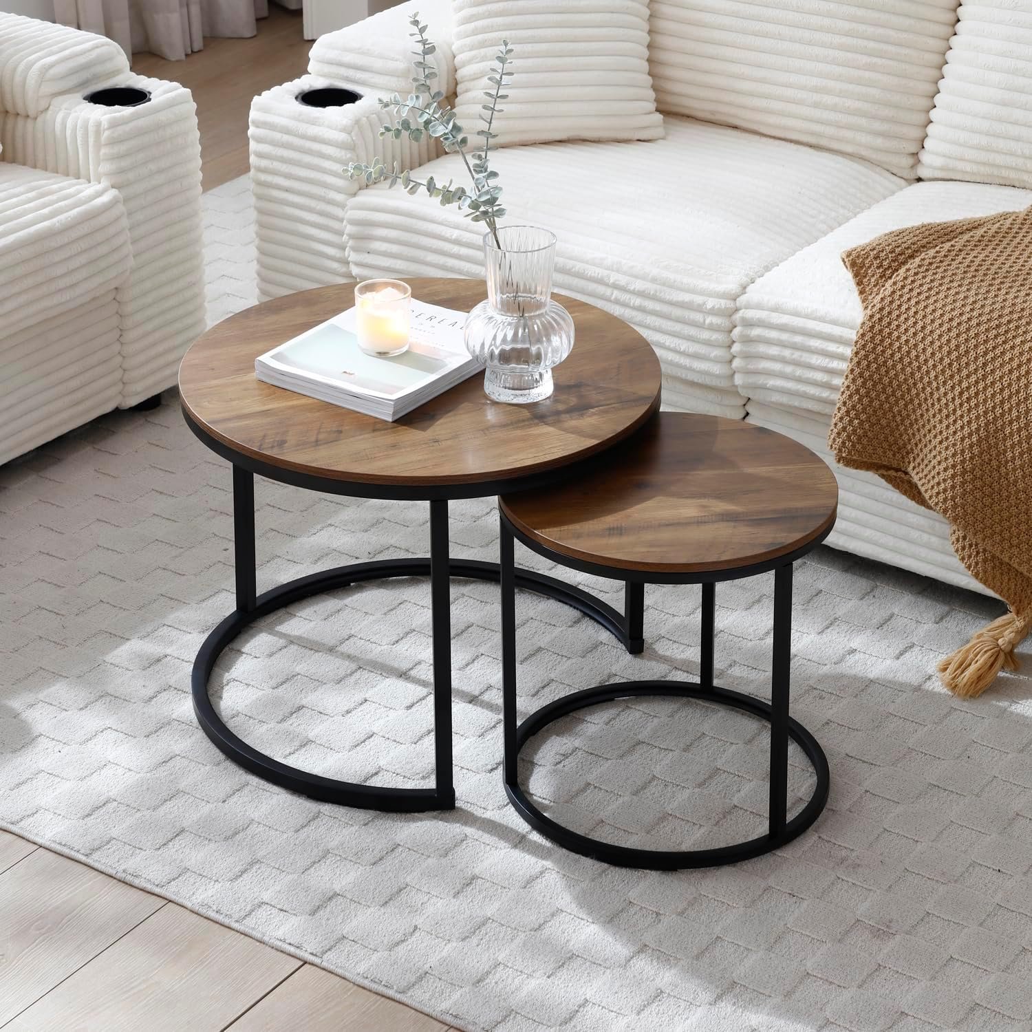 Nesting Coffee Table Set of 2, Mid-Century Modern Round Coffee Tables for Living Room with Walnut Wood Grain Top and Adjustable Non-Slip Feet, Industrial End Table Side Tables for Bedroom Balcony Yard