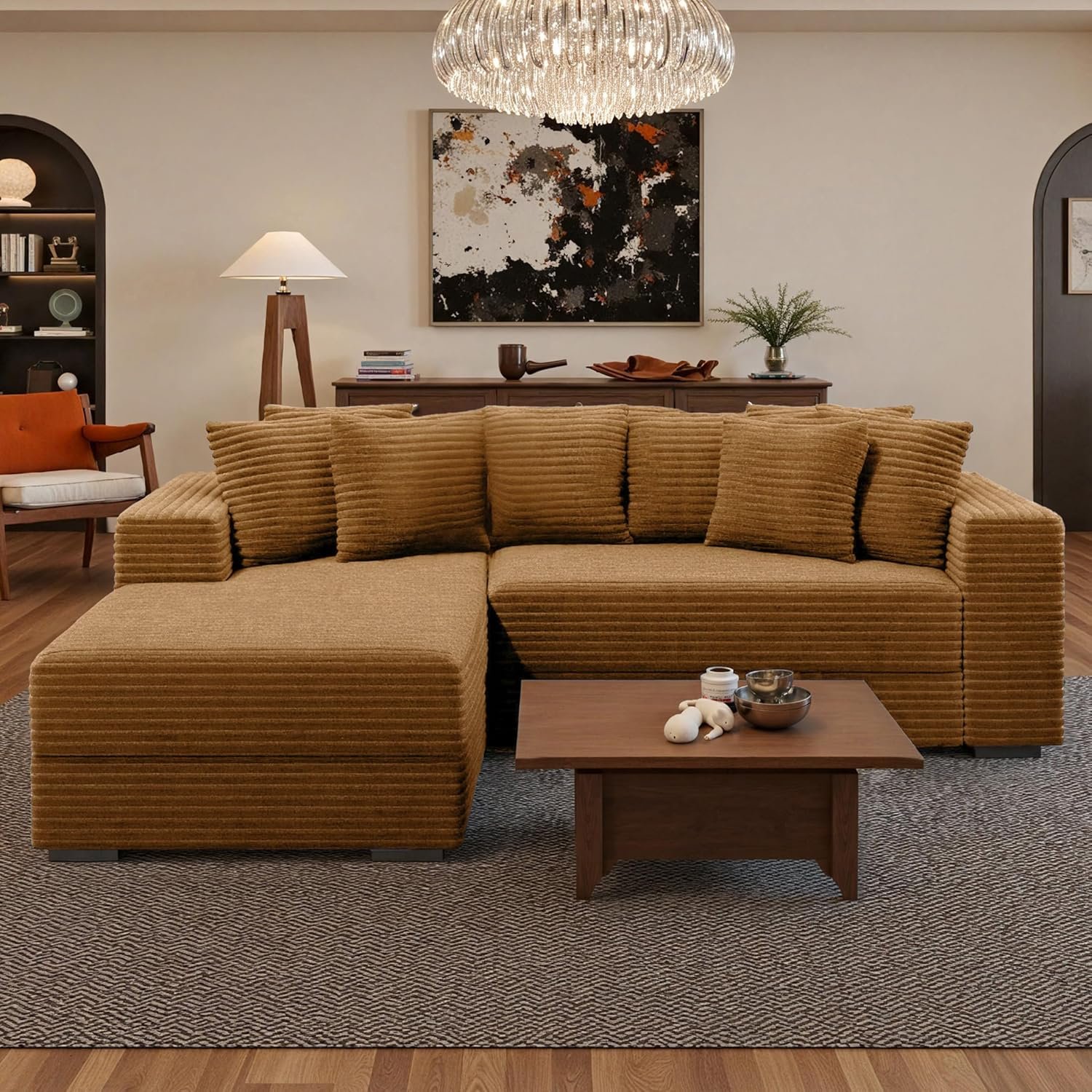 111” Modular Sectional Cloud Couches with Chaise, L Shaped Extra Large Sleeper Couch Reversible Fluffy Corduroy with 8pcs Pillows for Living Room(Brown Left Facing Chaise)
