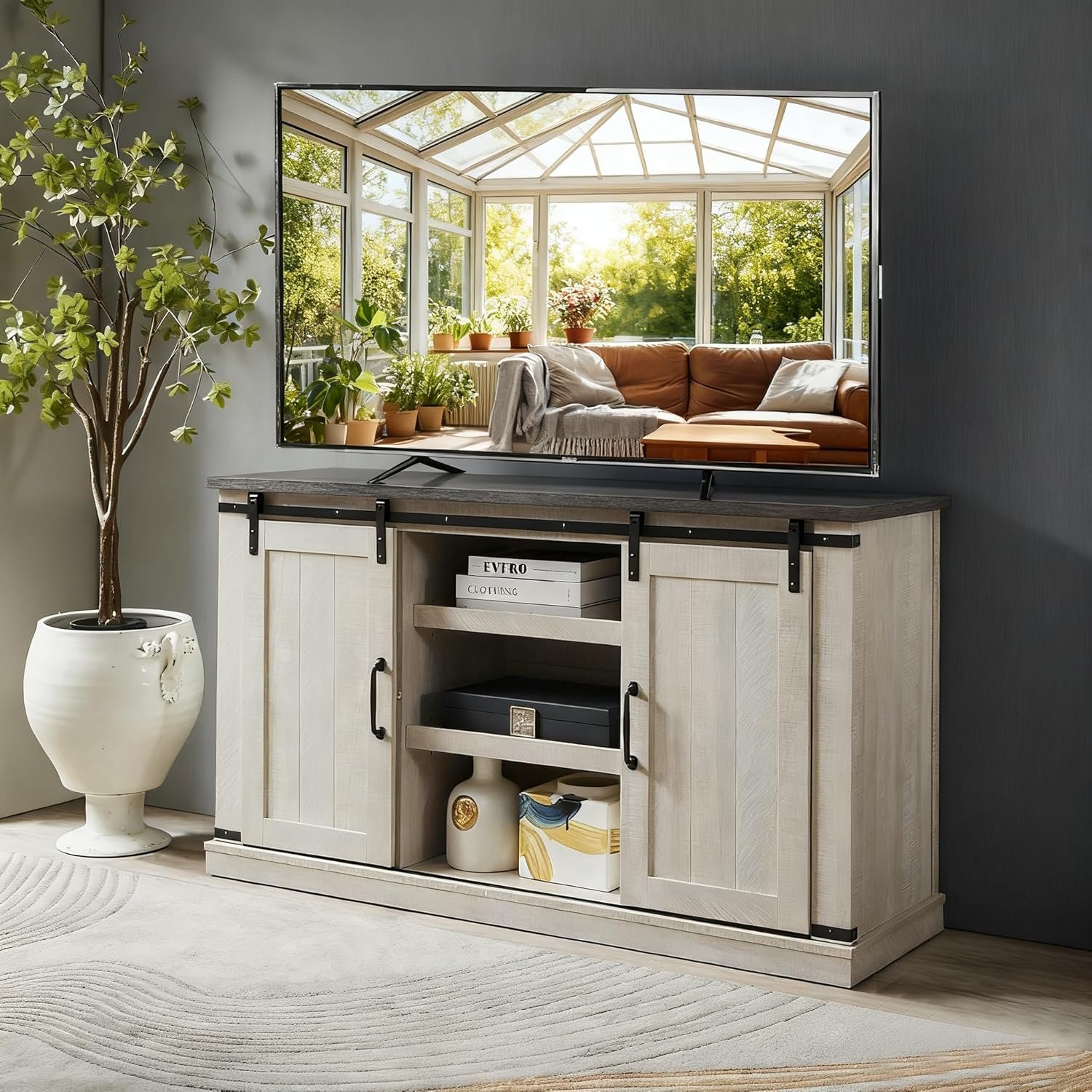 Farmhouse TV Stand for 65 inch Television Stand, Entertainment Center with Storage Cabinet and Sliding Barn Doors & Adjustable Shelves, Rustic Media Console Table for Living Room