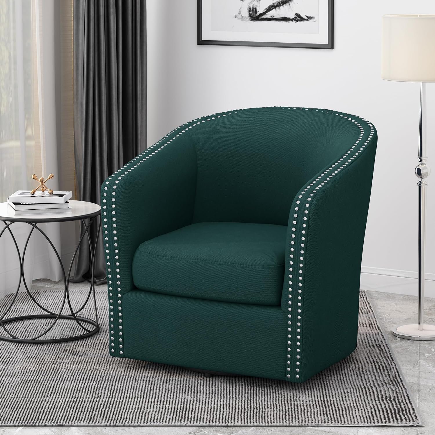 Christopher Knight Home Octavi Swivel Barrel Club Chair, Modern Tub Armchair with Nailhead Trim Accents, Contemporary Fabric Living Room Accent Chair, Home Office Plush Seating, Green