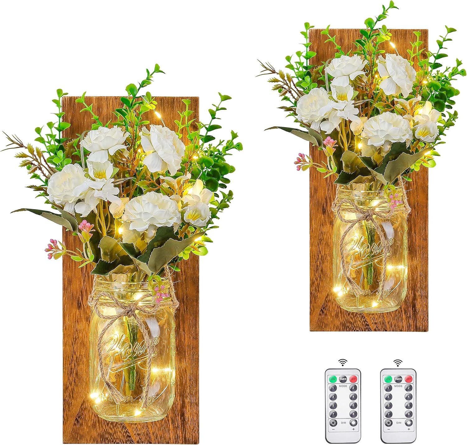 Rustic Wall Decor Mason Jar Sconces Decor with Remote Control Led Lights for Home Kitchen Farmhouse Bathroom and Living Room Decorative.Shabby Chic Art Design Decorations,Set of Two