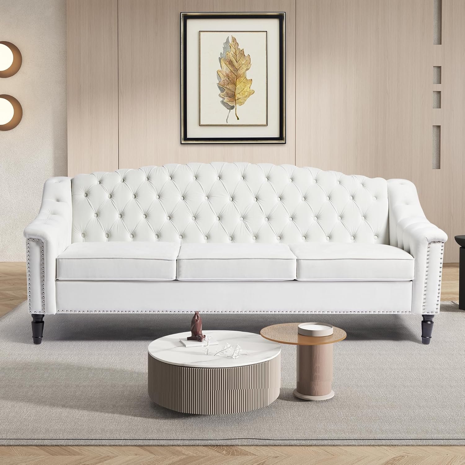 LEVNARY Mid-Century Modern Velvet Sofa, 80″ Large Upholstered Sofa with High Back, Chesterfield Couch Sleeper Settee with Solid Wood Legs, Tufted 3 Seater Wide Couches for Living Room Office (White)