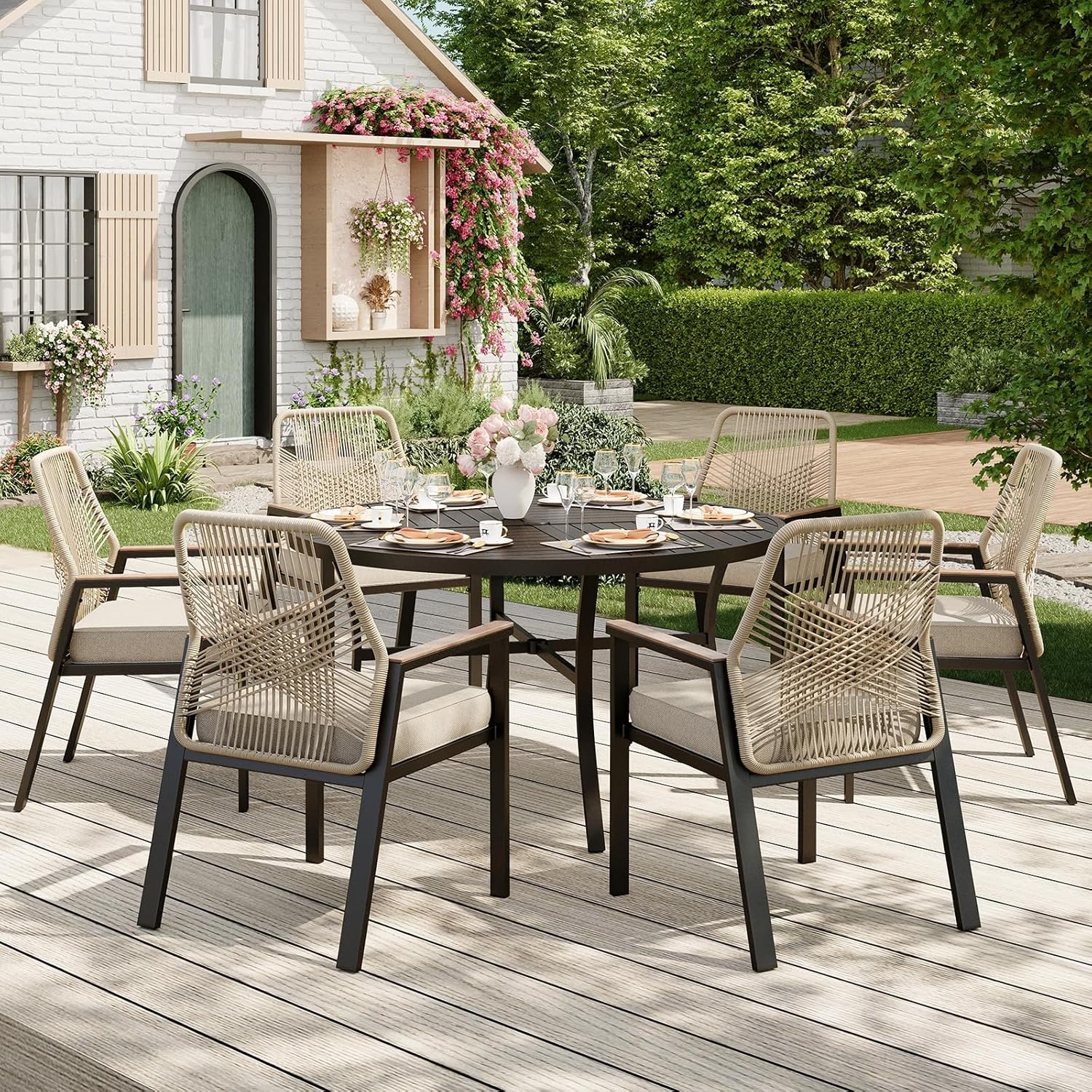 7 Pieces Round Outdoor Dining Set for 6, Patio Dining Set Wicker Rattan Chairs with Soft Cushion and 54″ Round Table with Umbrella Hole, Round Patio Table and Chairs for Backyard Porch