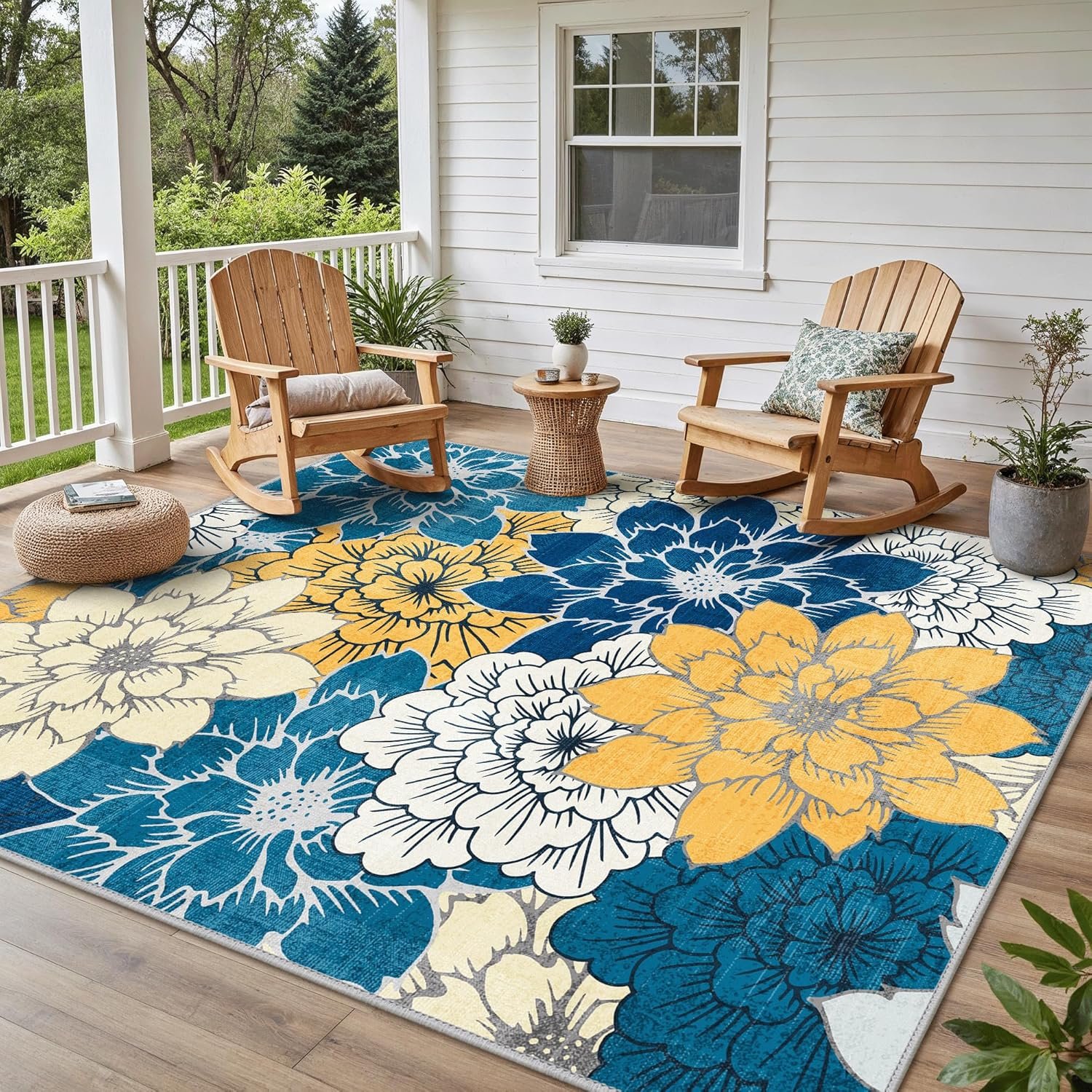 GENIMO Indoor Outdoor Area Rug 8′ X 10′ Waterproof, Washable Patio Rug Non Shedding, Easy Cleaning Floral Outdoor Carpet for Living Room, Bedroom, Dining Room, Balcony, Backyard, Deck, RV, Blue