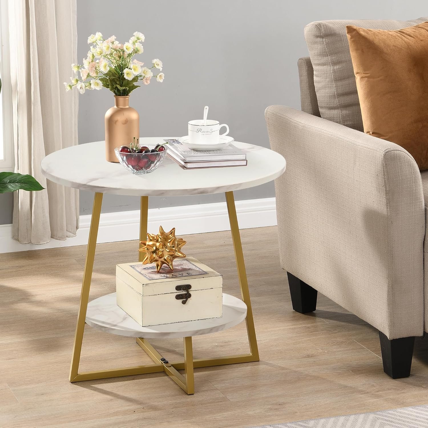 D&H FURNIMMT 20″ Living Room Side Table for Small Spaces, 2 Tier Wood Top Round End Tables with Storage Shelf, Accent Sofa Table for Bedroom, Office, Sunroom, Balcony, White Faux Marble/Gold