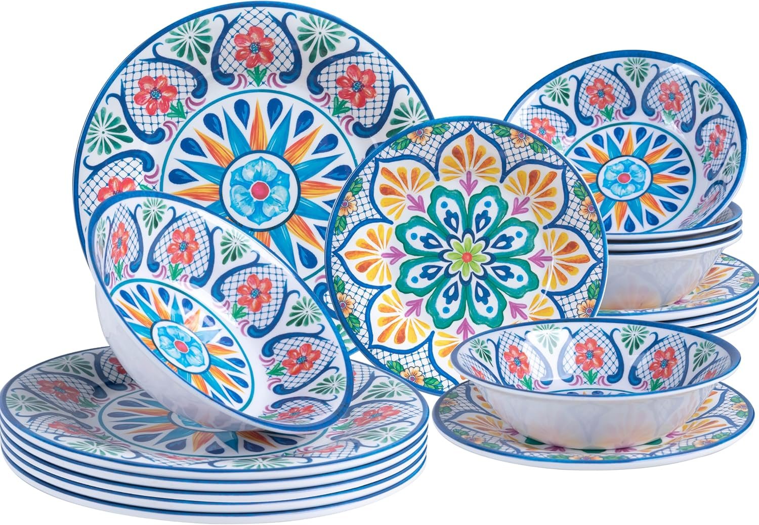 18 Pieces Melamine Dinnerware Sets, Service for 6, Paisley Kitchen Plates and Bowls Set, Unbreakable & Lightweight Dinnerware Set, Camping Dishs Indoor Outdoor Use, Spanish Floral Pattern