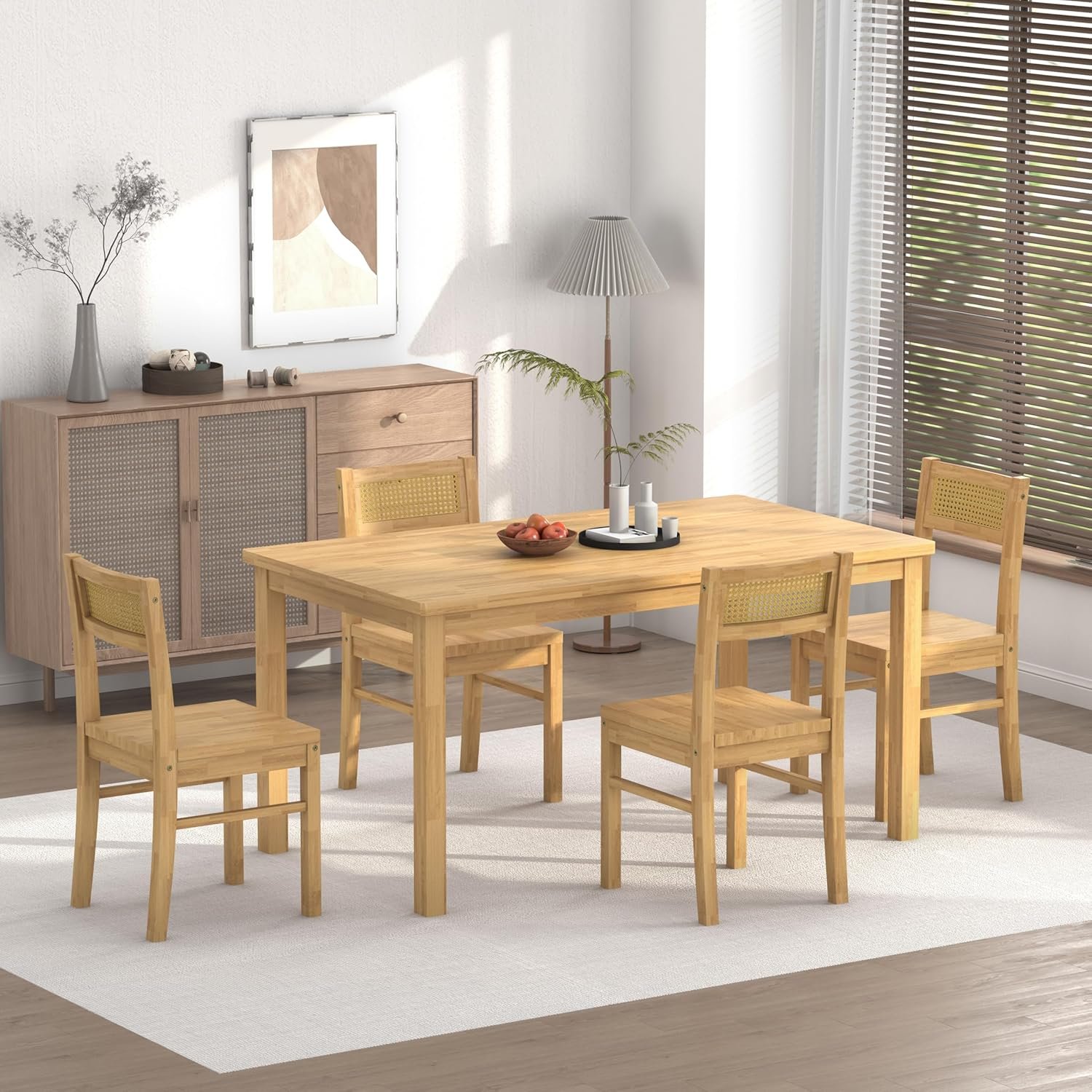 Solid Wood Dining Table Set for 4, 43.3″ Dining Table with Chairs Set, Kitchen Dining Table Set with Woven Rattan Backs, Farmhouse Solid Wood Table and Chairs, Natural