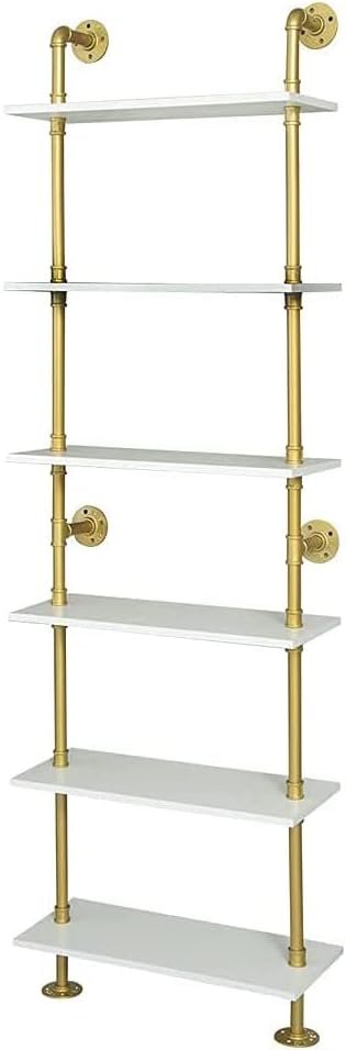 Industrial Gold Bookshelf-6 Tier Wall Mounted Ladder Bookshelf, Rustic Gold Storage Book Shelves Display Bookcases for Living Room/Home/Office