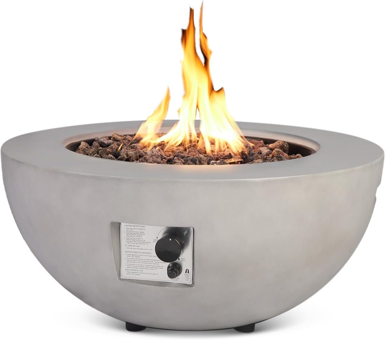 31.5 Inch Round Propane Fire Pit Table – Concrete Round Fire Bowl 50,000 BTU Gas Firepit Burner with Steel Lid, Lava Rocks, Rain Cover for Outside Patio, Backyard, Party