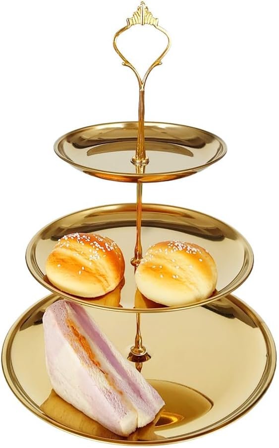 Metal 3 Tier Round Serving Tray, Cupcake Dessert Appetizer Stand, Stainless Steel Cake Cupcake Tower Stand Holder for Home Garden Display Wedding Bridal Shower Birthday Party Supplies (Gold)