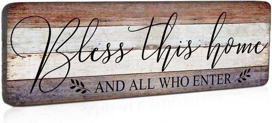 Farmhouse Family Wall Decor Rustic Wood Hanging Wall Art – Bless This Home And All Who Enter – Family Signs for Home Decor Inspirational Quotes for Hallway, Kitchen, Living Room 16″x5″