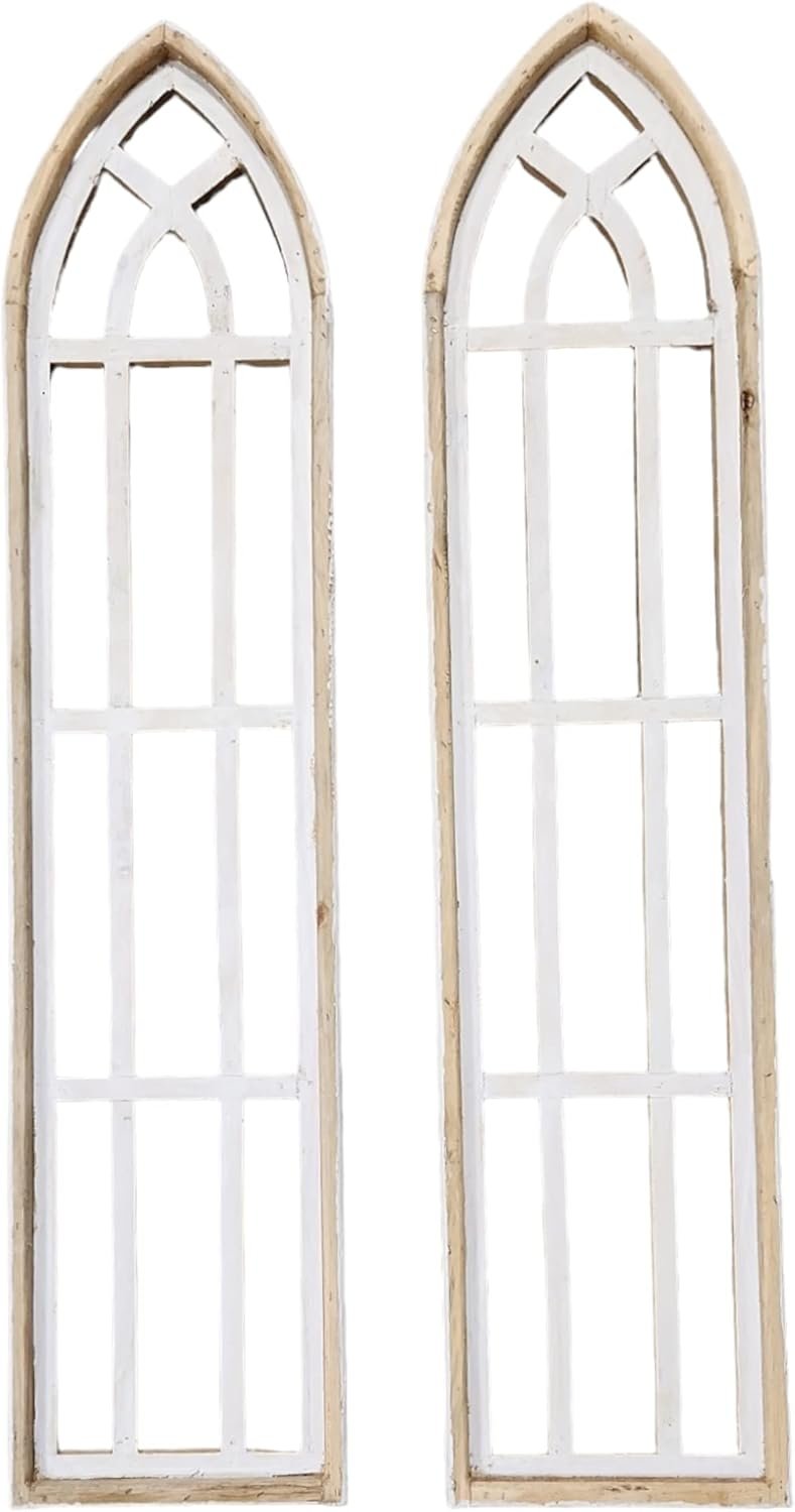 48″ Farmhouse Wooden Wall Window Arches Set of 2 -Rustic Cathedral Wood Window- The White Waters (Large 48″ L X 12″ W X 1.5″ D Each Window)