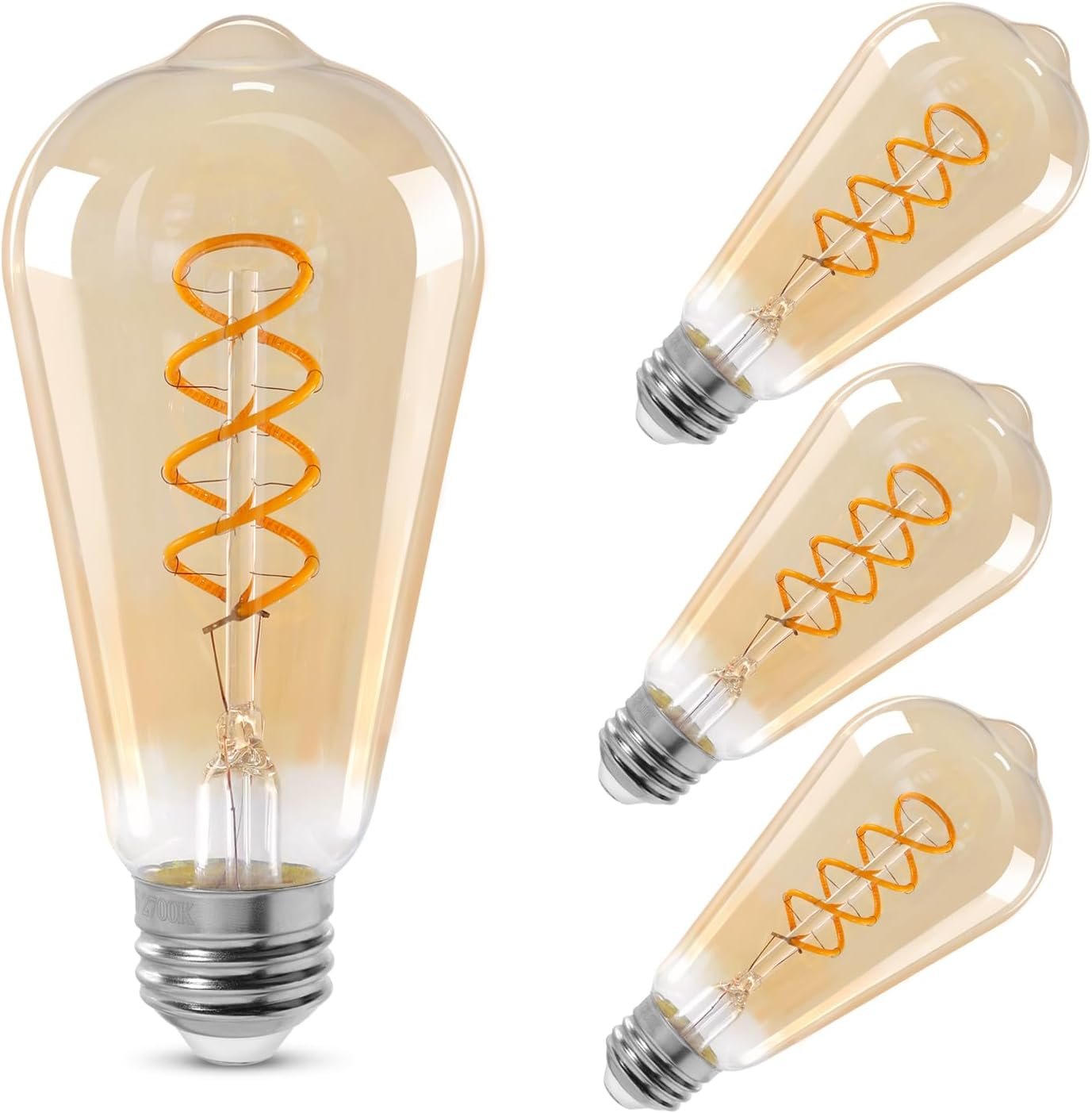 ST64 LED E26 Vintage Edison Light Bulbs, Light Amber Glass, Dimmable, 4W(40W Equivalent) 300 Lumens, 2500K Warm White, Spiral Filaments Design, Antique Style, 25000 Hrs, 4-Pack