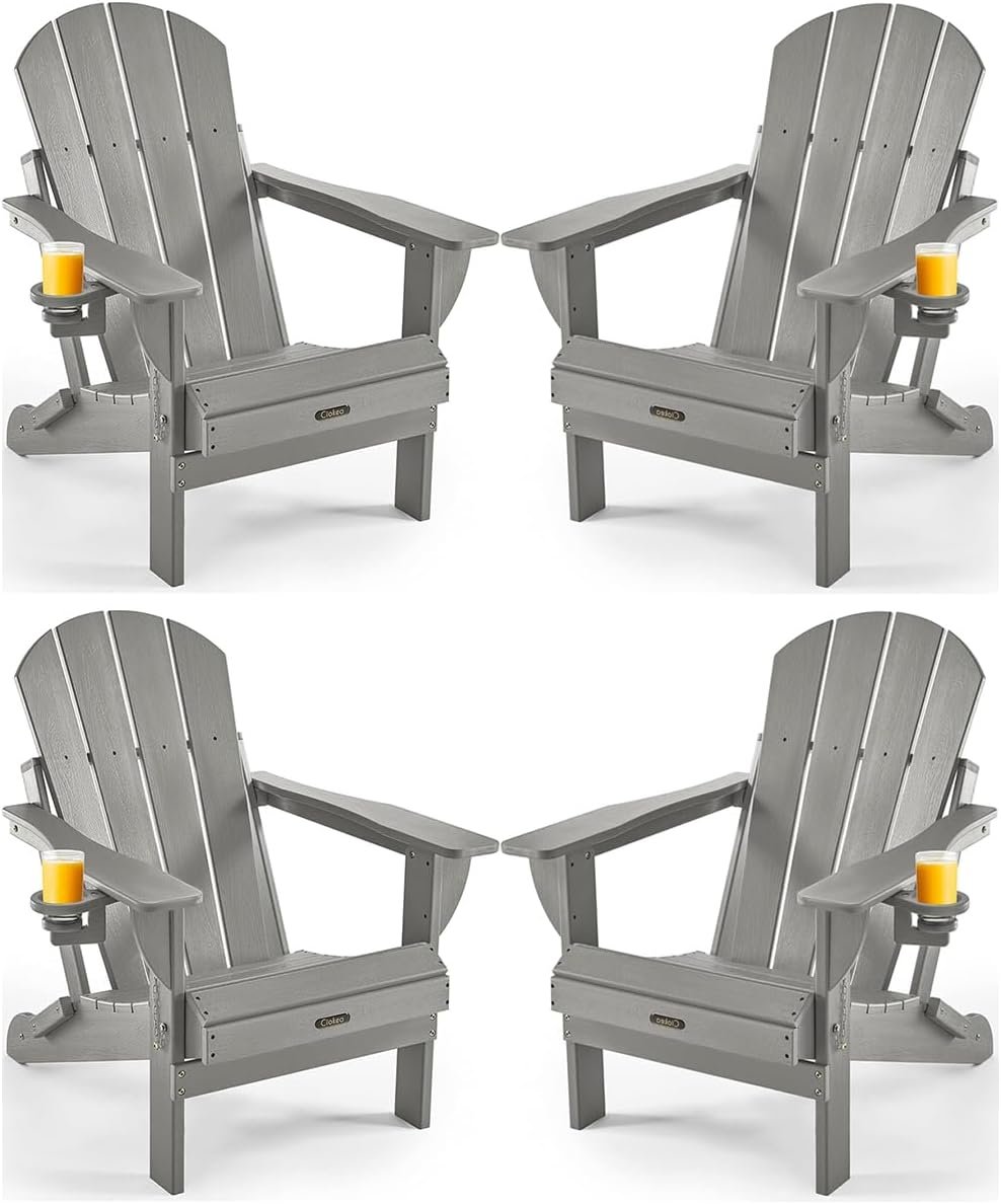 Ciokea Folding Adirondack Chair Wood Texture 4 Pack, Patio Adirondack Chair Weather Resistant, Plastic Fire Pit Chair with Cup Holder, Lawn Chair for Outdoor Porch Garden Backyard Deck (Grey)