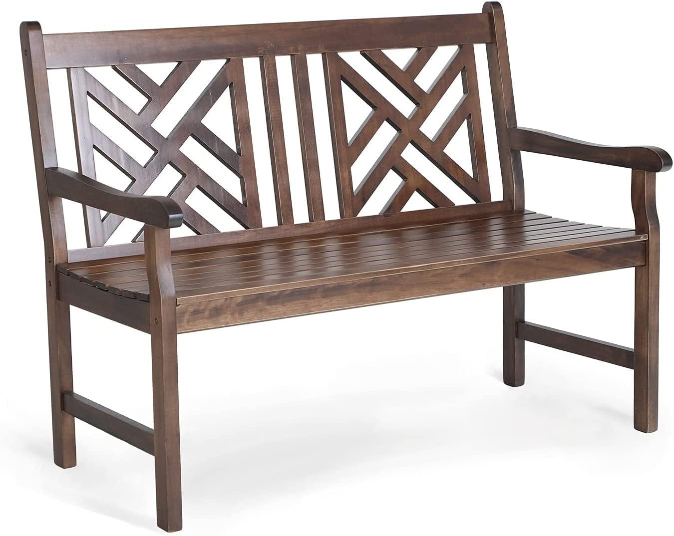 MFSTUDIO Outdoor Acacia Wood Garden Bench with Backrest and Armrest, 2-Person Slatted Seat Bench Patio Furniture for Porch Park Yard, Weight Capacity 600 lbs(Brown)