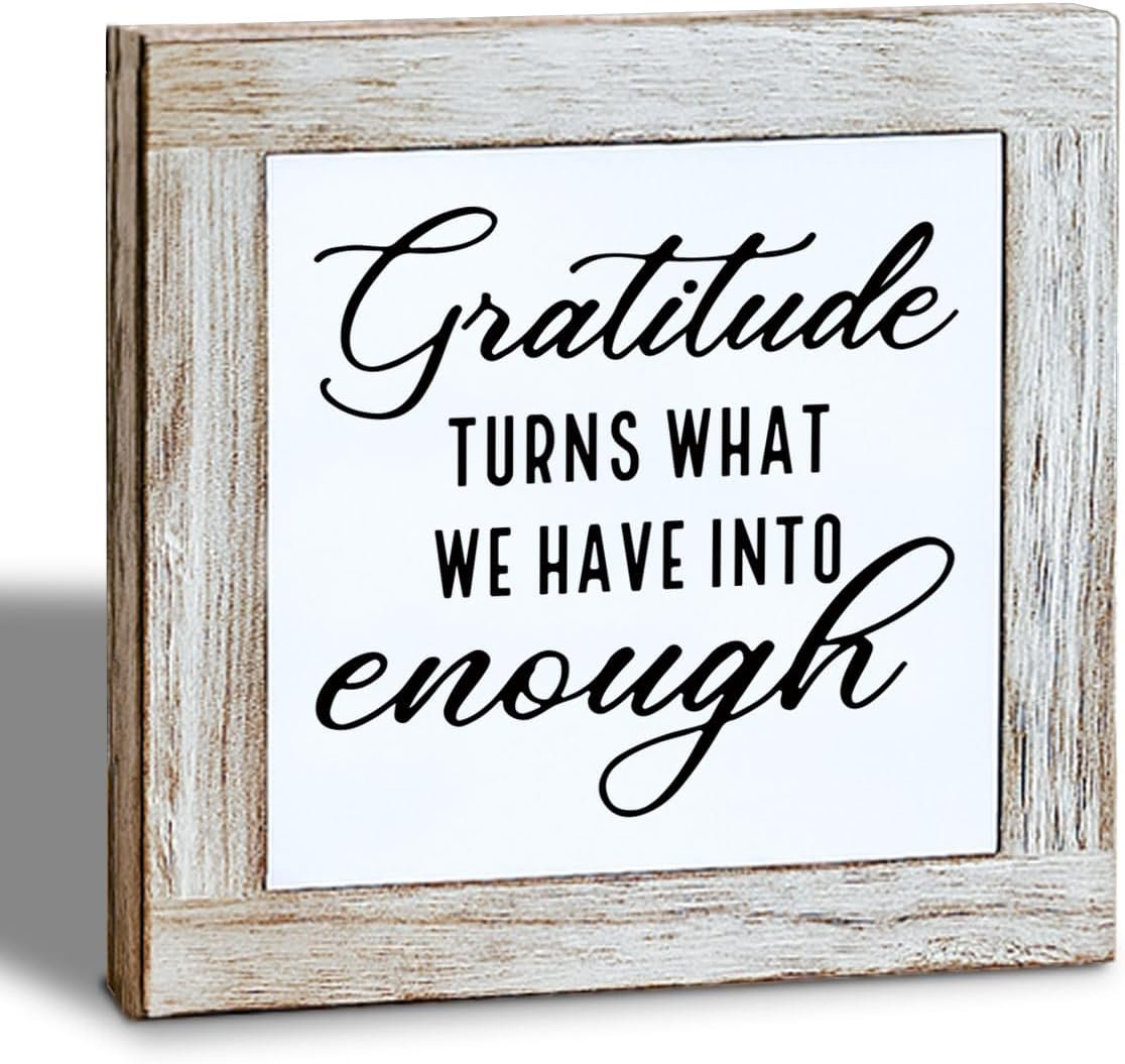 Positive Gratitude Wooden Box Sign, Gratitude Turns What We Have Into Enough Quote Sign, Rustic Wooden Tabletop Decor, Affirmation Home Desk Decor for Living Room Bedroom 5.9×5.9 Inches
