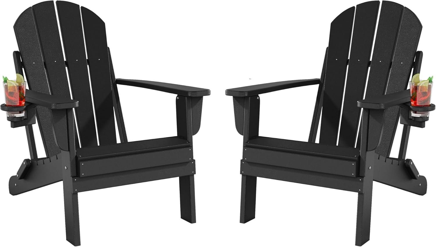 Folding Adirondack Chairs Set of 2, All-Weather Resistant HDPE Patio Firepit Chairs, Sturdy Outside Chairs with Cup Holder, Lawn Chairs, 80% Pre-Installed Load Capacity 385lb, Black