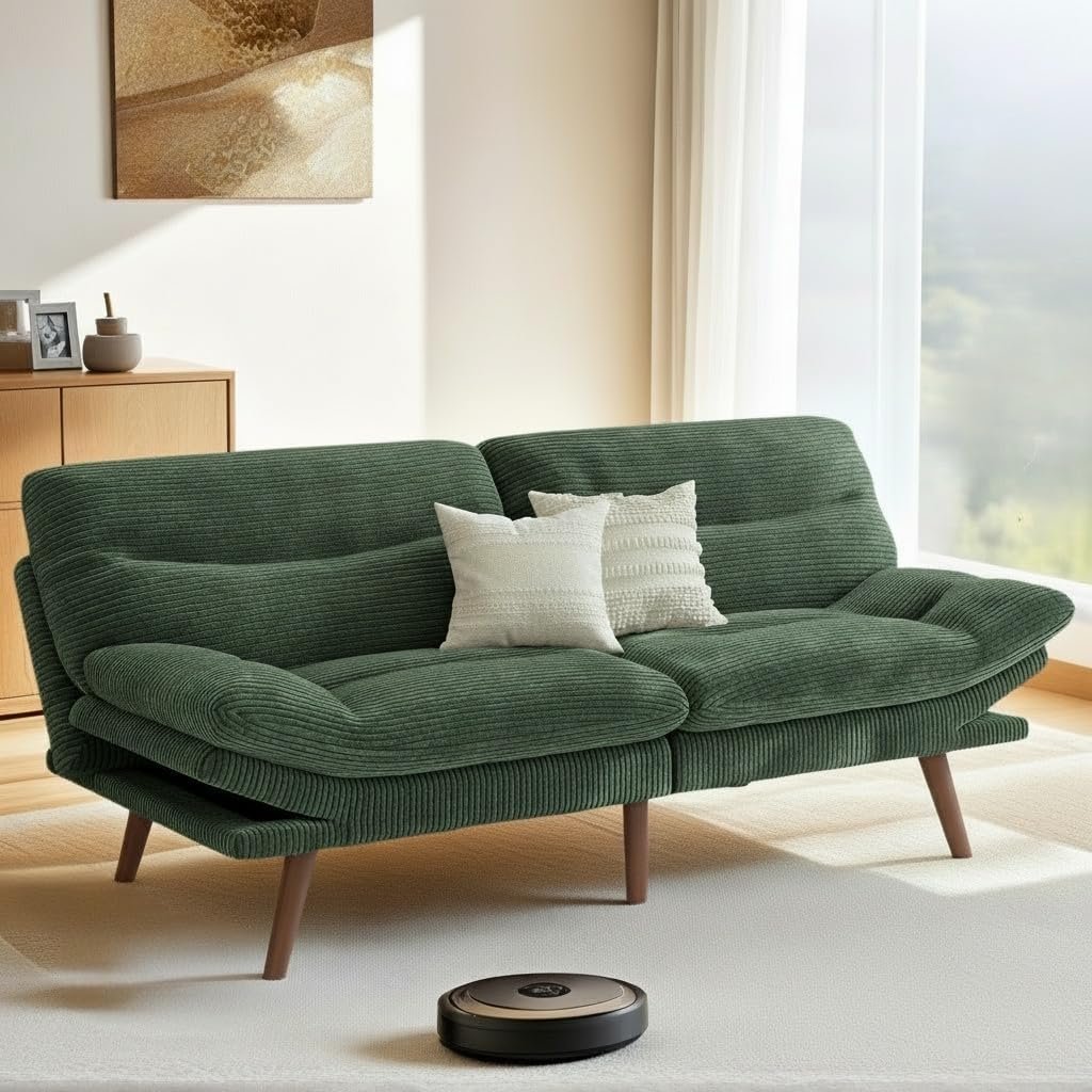 Pipishell Futon Sofa Bed, 66″ Corduroy Futon Couch Convertible with Adjustable Backrest and Armrests, Recliner Sleeper Sofa, for Small Spaces Living Room, Apartment, Guest Room or Office, Green