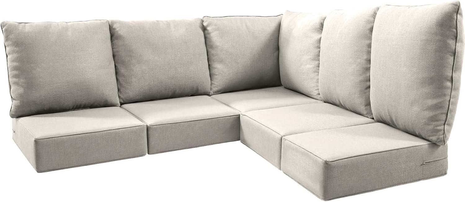 Luxury 24x24x6 Outdoor Cushions for 5-Seat Sectional Sofa Set of 5 – Water-Repellent 11-Piece Patio Cushion Set for Outside Rattan Wicker Loveseat Chair L-Shape Couch – Beige/Classic