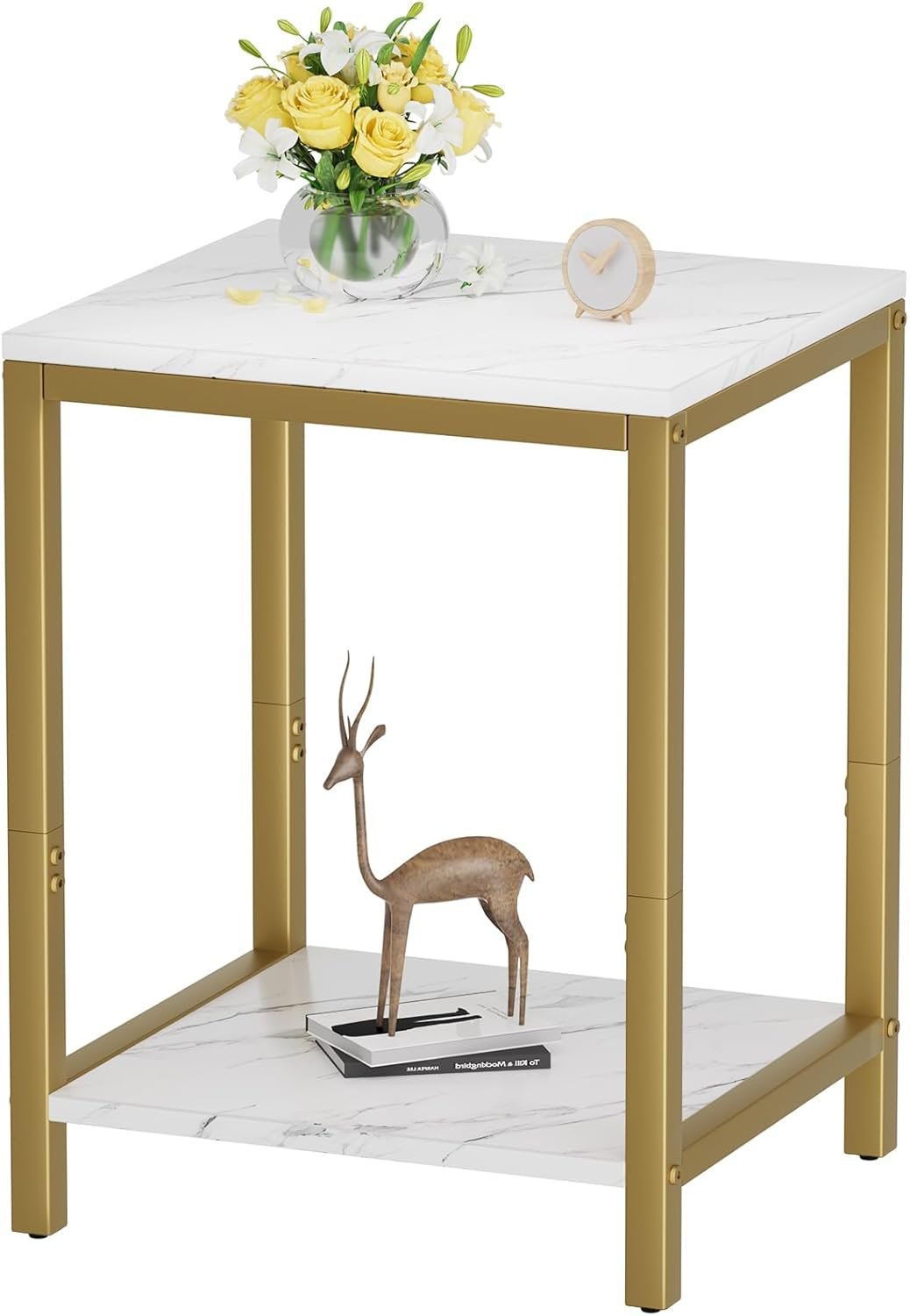 SAYGOER White Faux Marble End Tables 13.3”D Small Side Table with Storage Wood Night Stand Gold Metal Frames 2 Tier Bedside Table with Adjustable Feet, 1PCS, White Gold