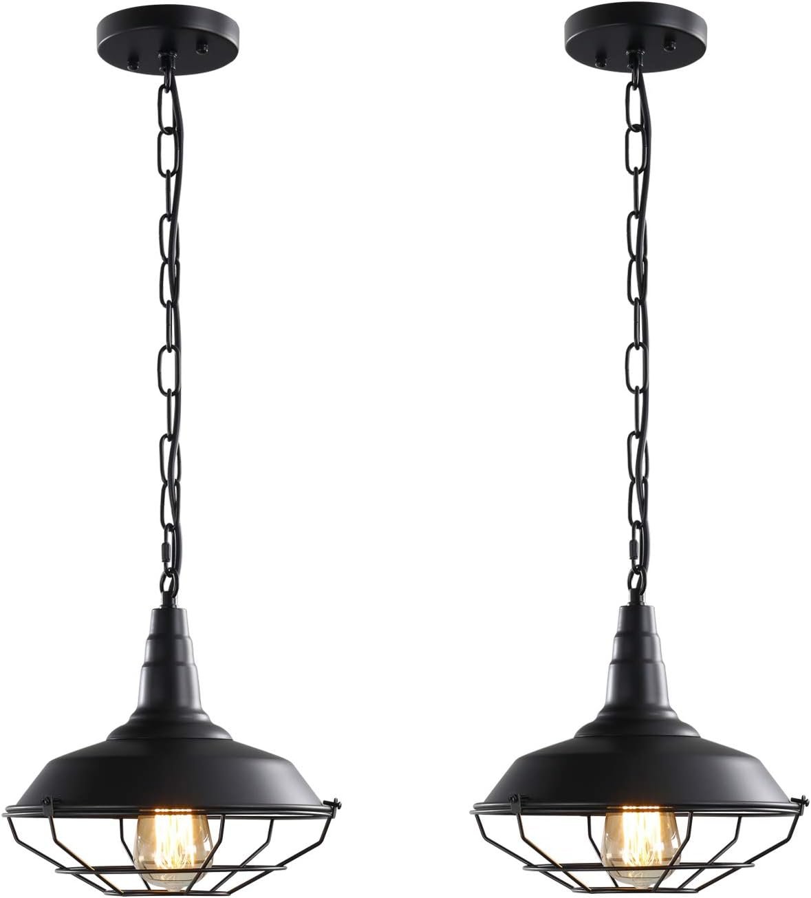 Industrial Pendant Lights 2 Pack Farmhouse Pendant Lights with Adjustable Chain, D10.2 Rustic Pendant Lighting Barn Black Metal Hanging Lights with Wire Cage for Kitchen Island Dining Room