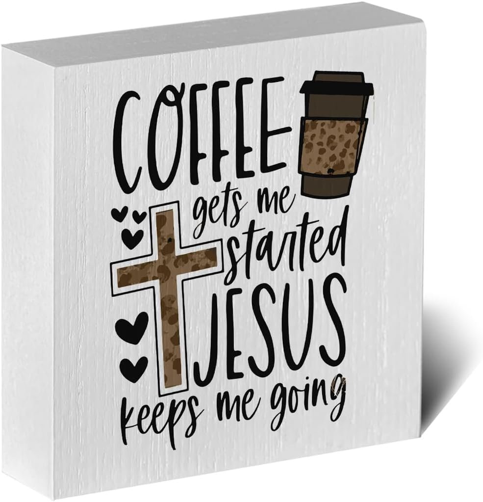 Christian Coffee Decor Wood Sign, Farmhouse Kitchen Wall Art with Inspirational Quote, Religious Rustic Wood Box for Coffee Bar, Shelf, Desktop