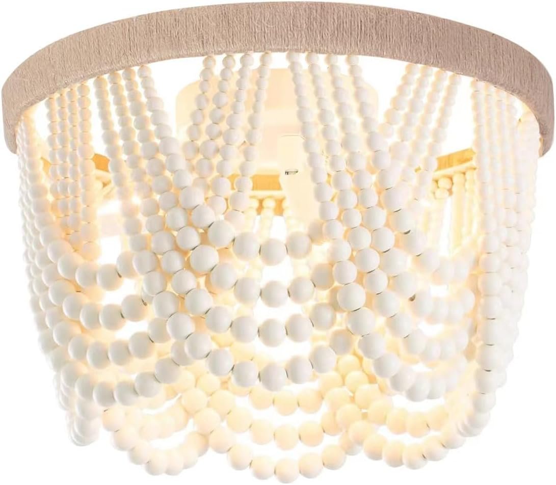 Wuhuyipi Boho Wood Beaded Chandelier, Flush Mount Ceiling Light,Farmhouse Rustic Jute Wooden Bead Chandeliers Fixture for Drawing Room，Bedroom,Hallway, Entryway,Dining Room(3-Light)