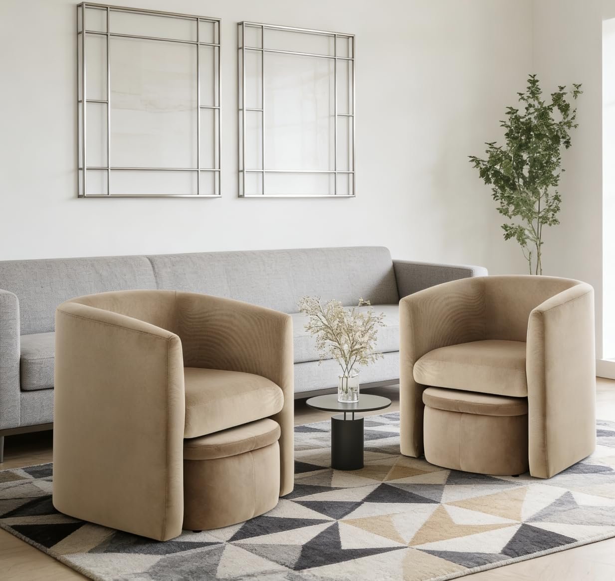 MALOL Velvet Accent Chair Set of 2 with Storage Ottoman, No Assembly Upholstered Side Chair, Morden Comfortable Living Room Armchairs for Bedroom/Reading Spaces, Khaki