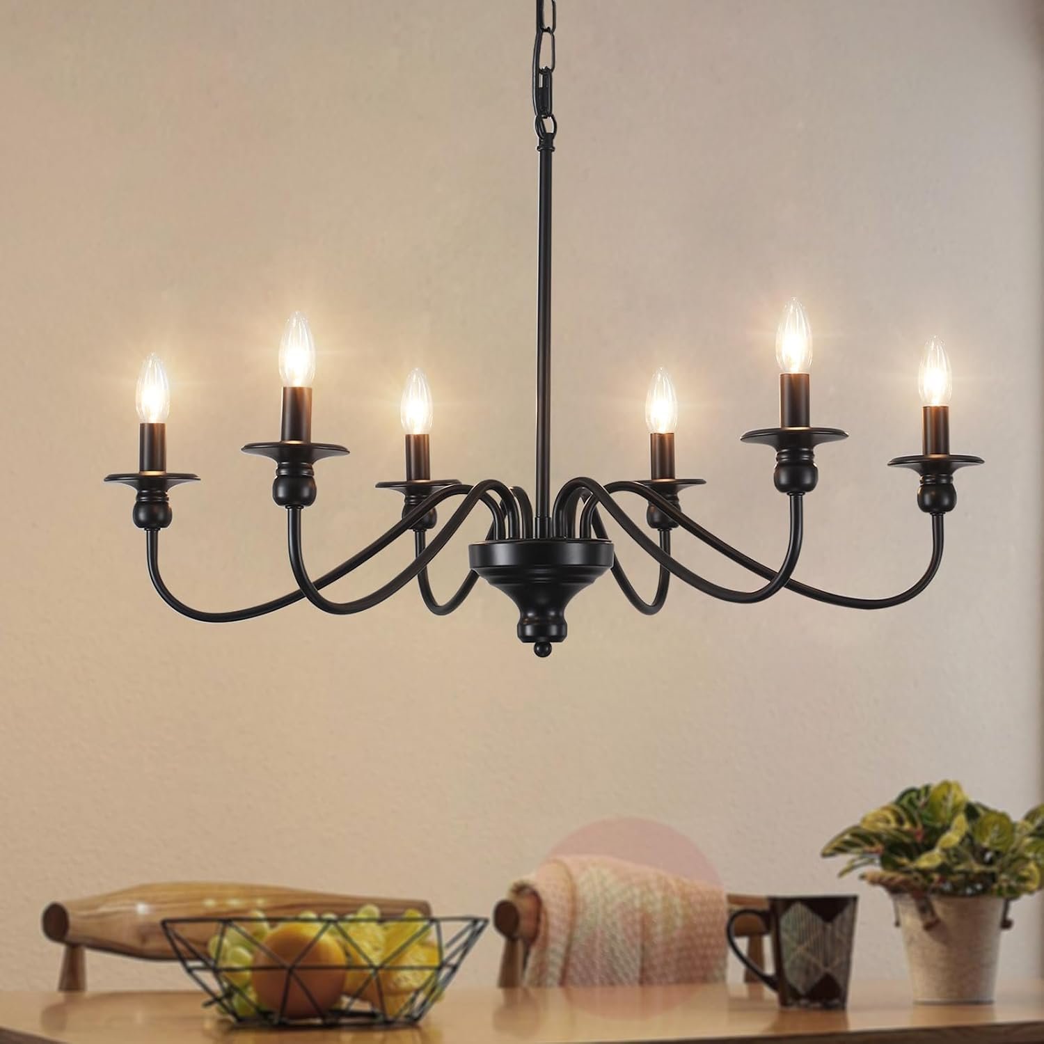 Farmhouse Chandelier, 6 Lights Black Vintage Chandelier Light Fixture Ceiling Hanging, Rustic Candle Chandeliers for Dining Room Living Room Bedroom Entryway, Kitchen Chandeliers Over Table