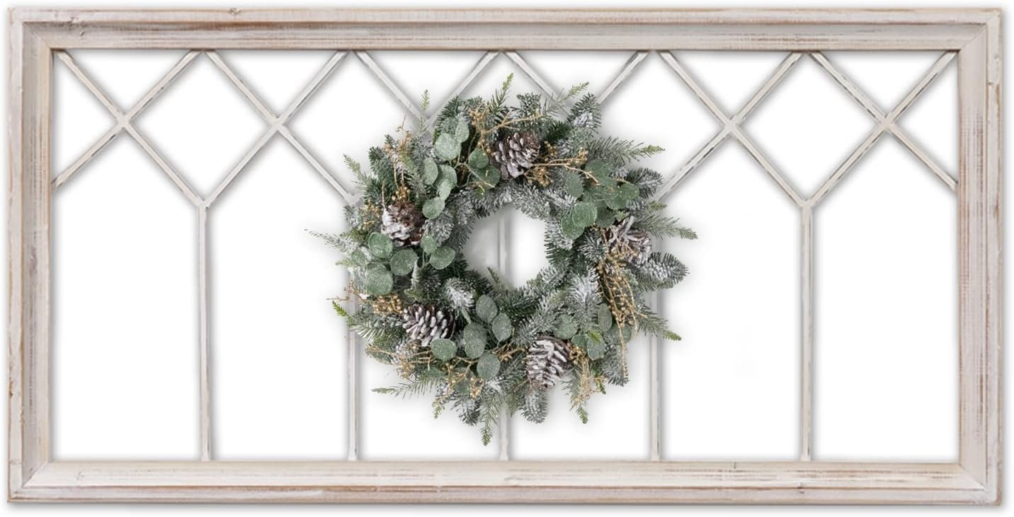 Sintosin Rustic Wood Window Frame Wall Decor 40 x 20 inches, Hanging Washable White Farmhouse Faux Windows Frames for Walls, Decorative Wall Art for Living Room Bedroom Hallway Christmas