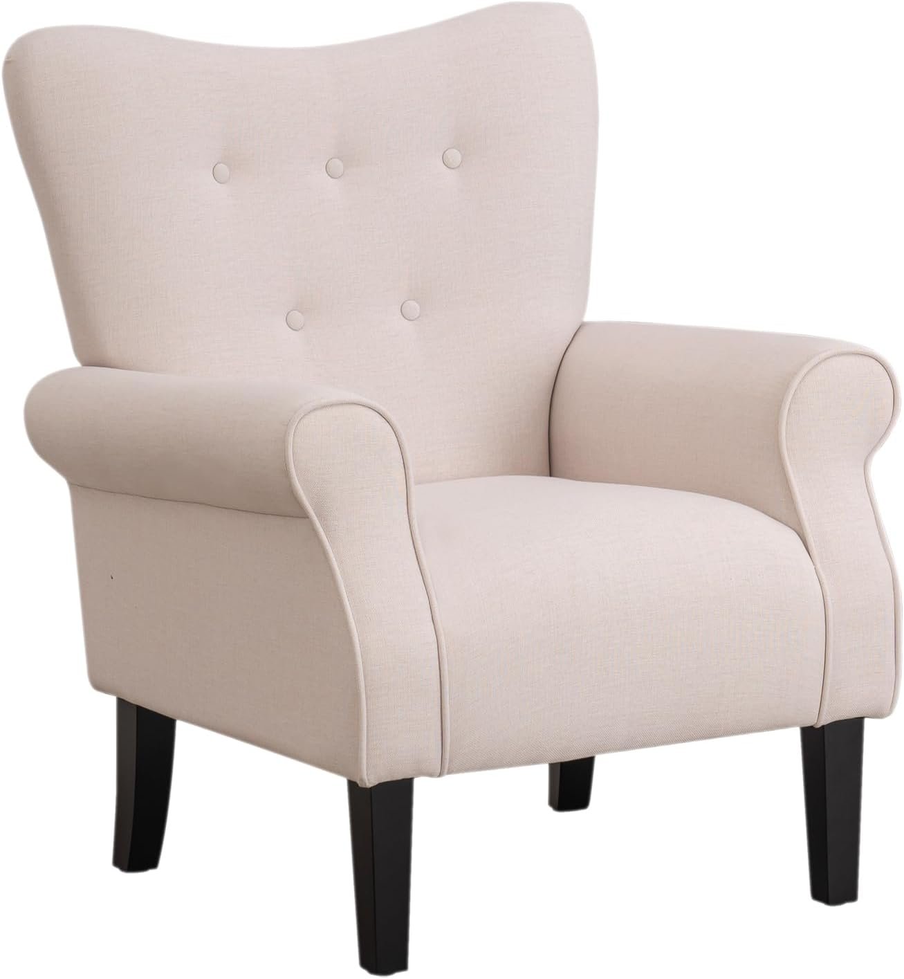 MELLCOM Mid Century Wingback Arm Chair,Modern Upholstered Fabric High Back Accent Chair with Wood Legs,Upholstered Single Sofa Club Chair for Living Room, Bedroom, Home Office, Beige