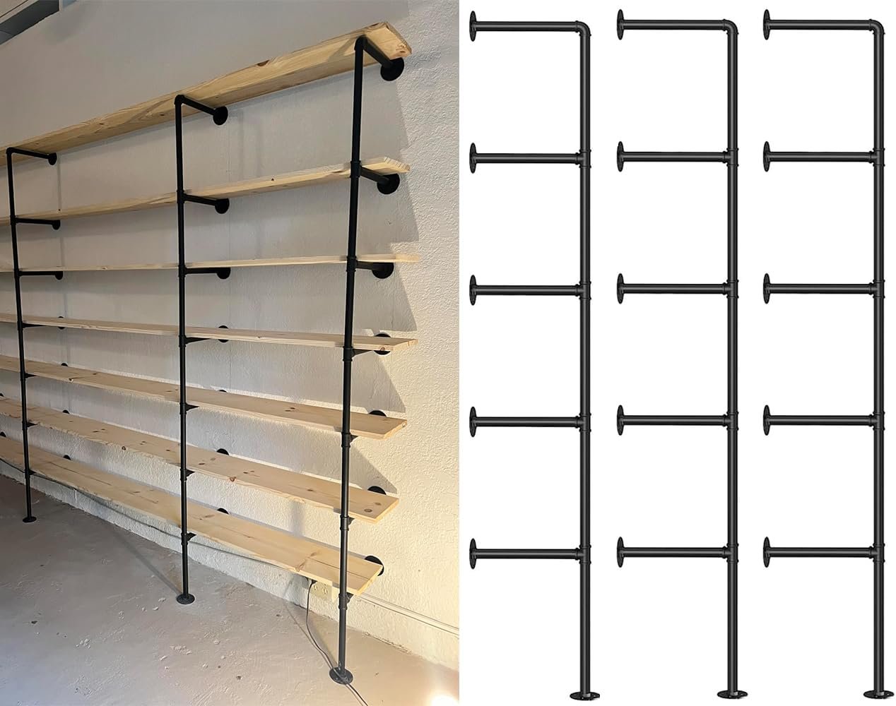 Kaler Industrial Pipe Shelves, 3-Set 5-Tier 68″ Tall, 12″ Depth,DIY Open Bookshelf Bookcase, Wall Mount Vintage Retro Shelving, Rustic Farmhouse Pantry Kitchen Storage,Black Shelf Brackets