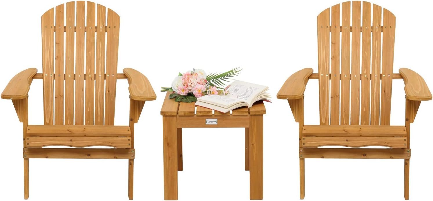 VINGLI Folding Wooden Adirondack Chair Set of 2 and Table Set, Fire Pit Seating Ergonomic Design, Folding Outdoor Patio Lounger Armchair Lawn Chairs Furniture w/Natural Finish, for Beach, Balcony