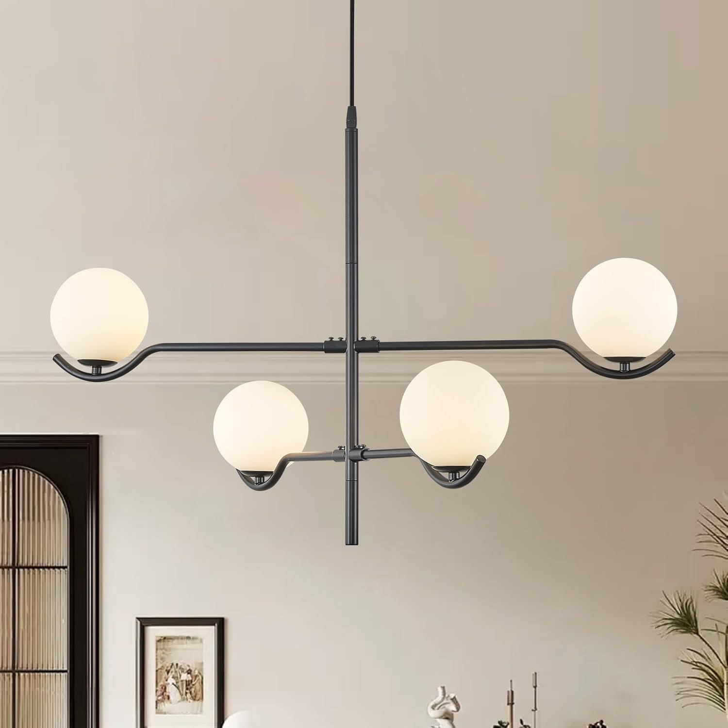 Black Sputnik Chandelier, Modern 4 Lights L31 ” Large Mid Century Long Ceiling Pendant Light Fixtures with Milk Glass Globe Shades for High Ceiling Living Dining Room Foyer Bedroom