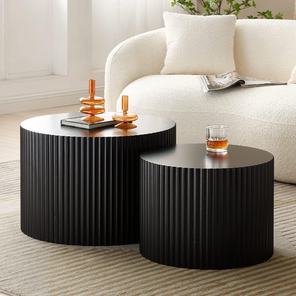 Nesting Coffee Tables Set of 2, Black Round Coffee Tables for Living Room, Modern Fluted Tea Tables, 23.6″ Wooden Drum Accent Tables for Living Room, No Assembly Required (Black)