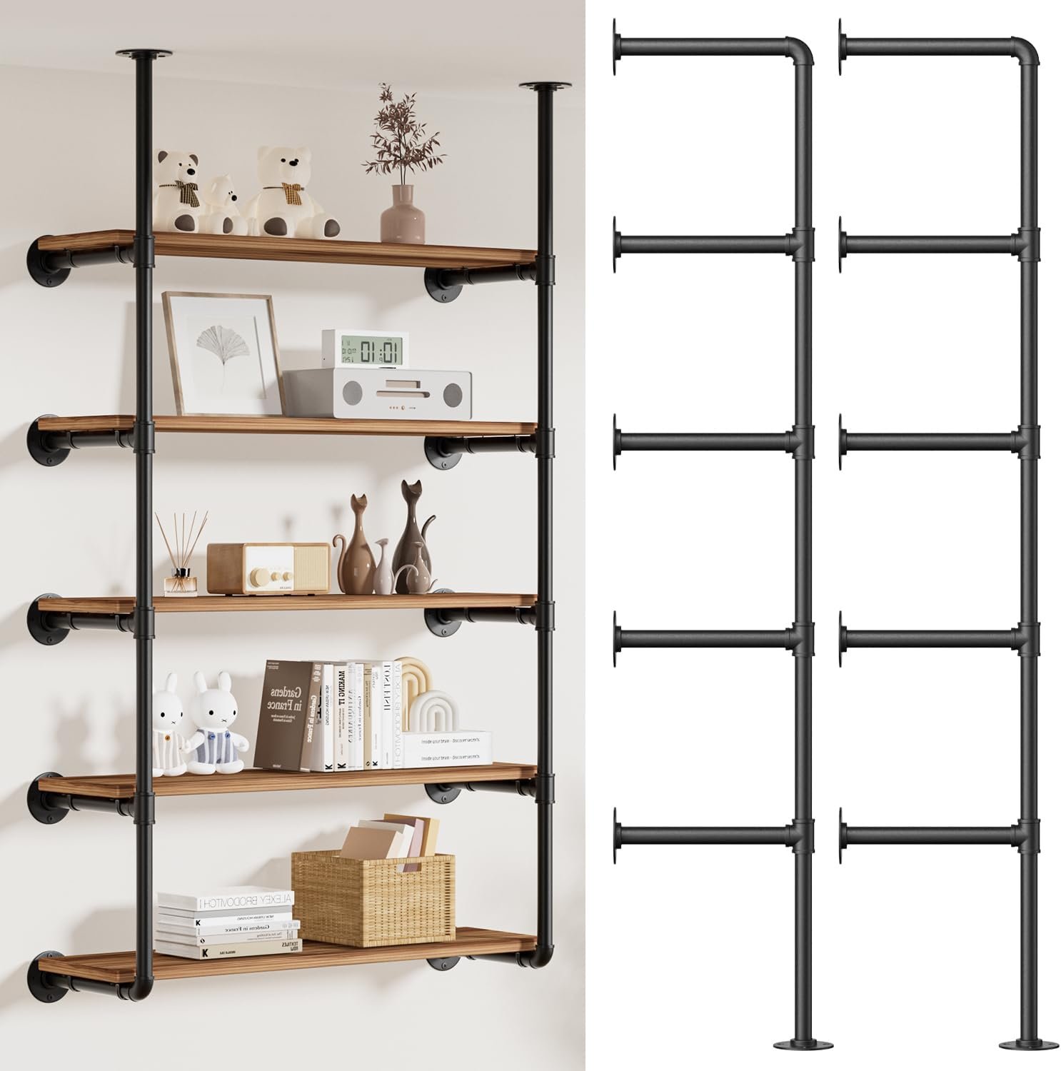 giffgiss Industrial Iron Pipe Shelving Wall-Mount(No Plank): 5-Tier DIY Open Bookshelf – Iron Pipe Storage Shelves